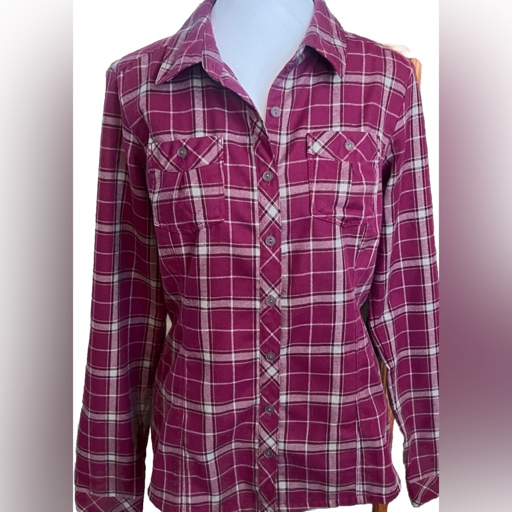 MOUNTAIN HARDWEAR TREKKIN’ Dark Pink Plaid Flannel Button Down Shirt Size 4
